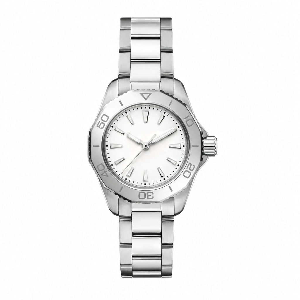 Silver metal wristwatch with white dial and numeric bezel
