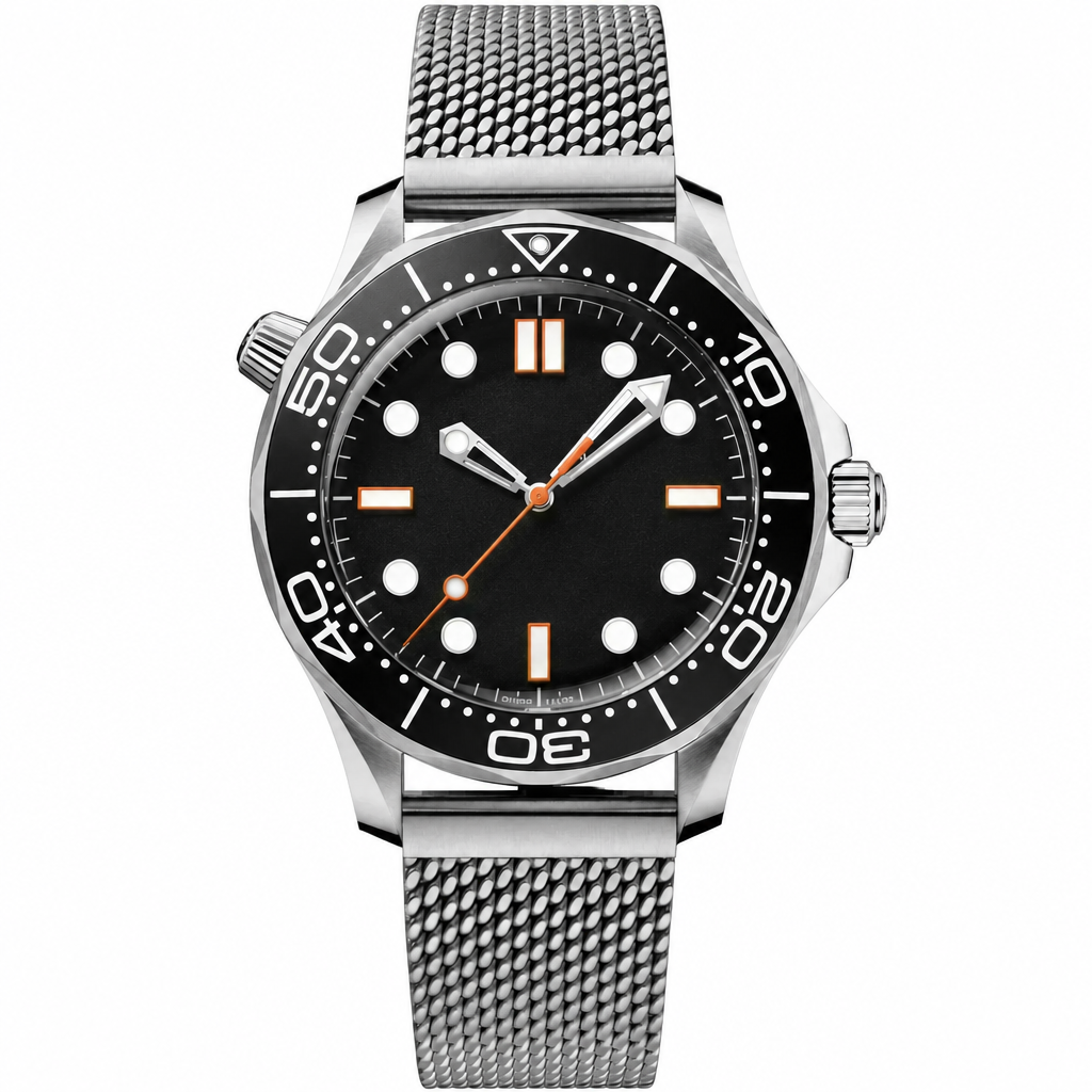 42mm Diver Watch with Black Dial and Stainless Steel Mesh Bracelet