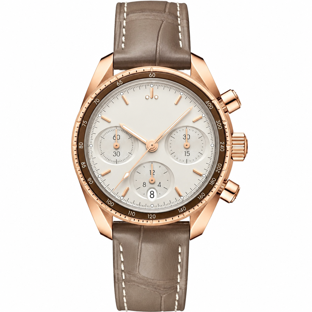 38mm chronograph watch with rose gold case and brown leather strap