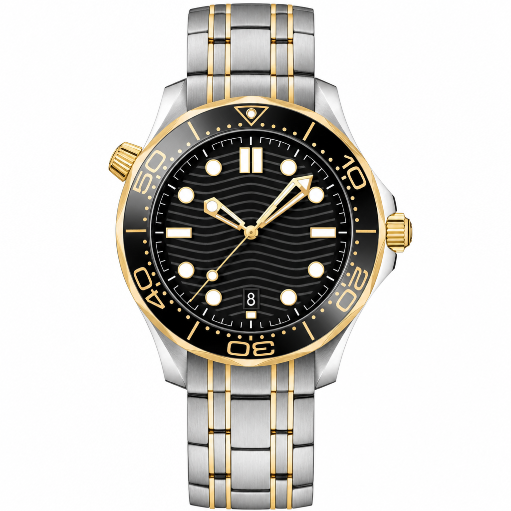 Two-tone stainless steel diver watch 42mm with black dial and gold accents