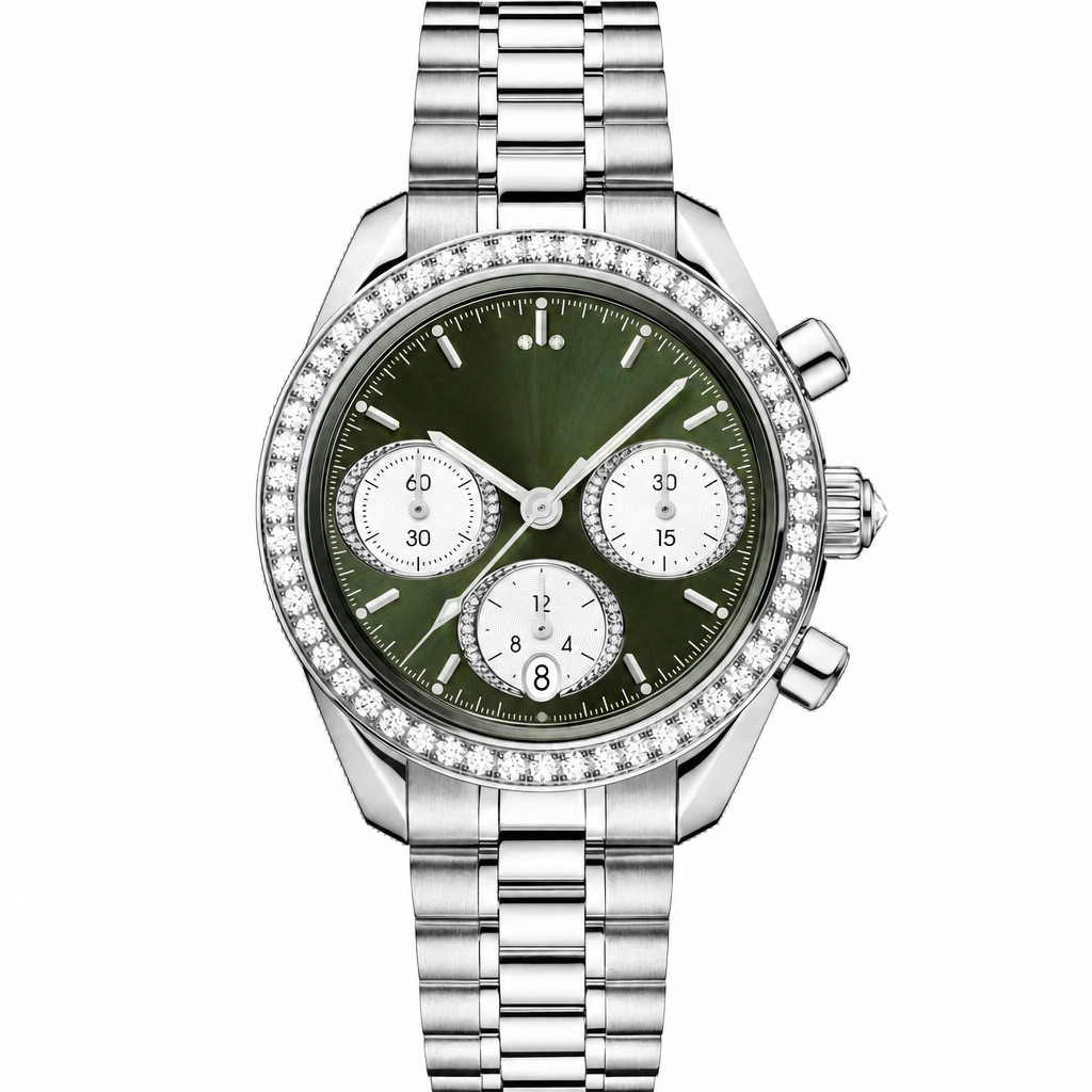 Chronograph watch with green dial, silver stainless steel case and bracelet, and diamond-set bezel