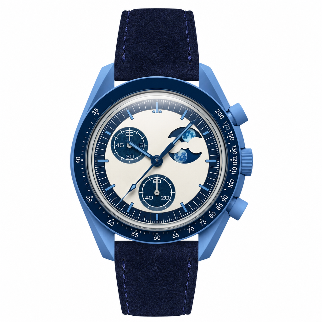 Blue chronograph watch with moonphase, blue case, and navy suede leather strap on white background