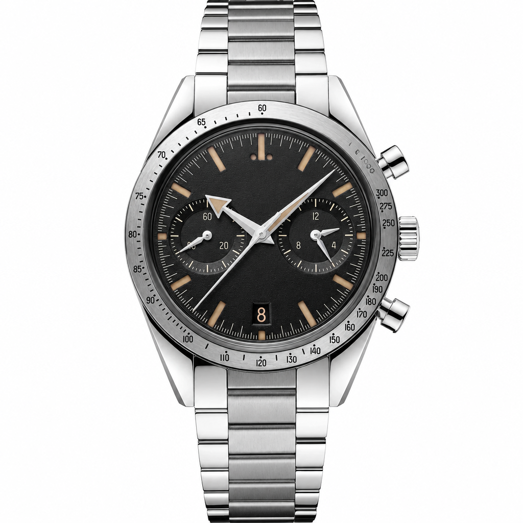 Chronograph watch with black dial and silver stainless steel bracelet