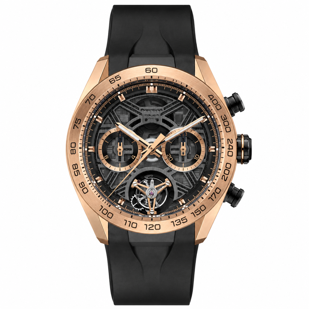 Sport chronograph watch with rose gold tone case and black rubber strap