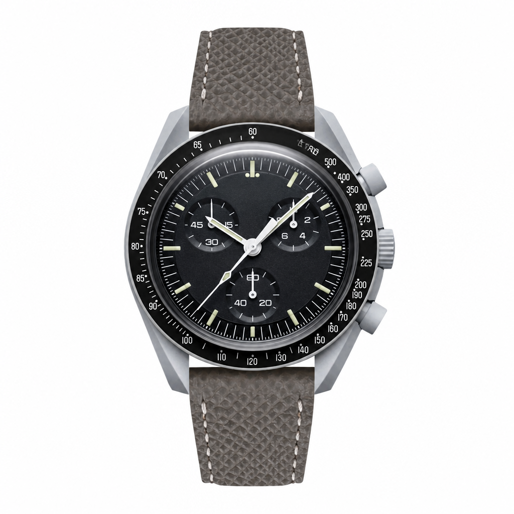 Chronograph watch with black dial and gray leather strap on white background