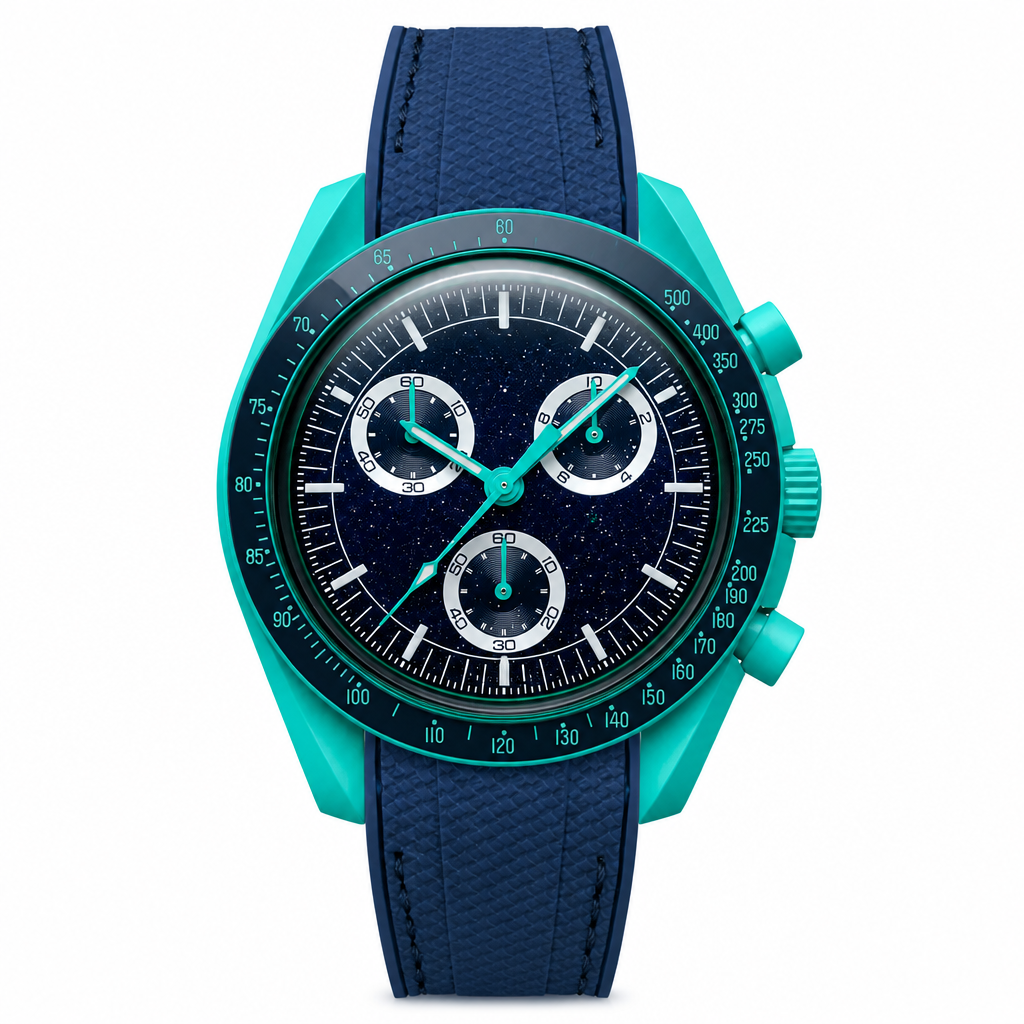 Casual sport chronograph watch with dark blue starry dial and blue rubber strap