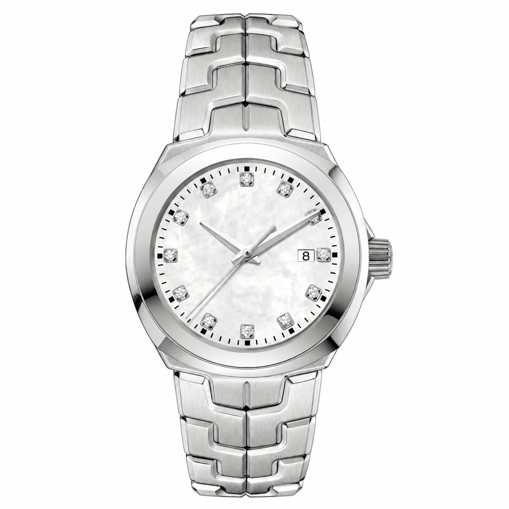 Women's dress watch with white mother-of-pearl dial and silver-tone metal bracelet