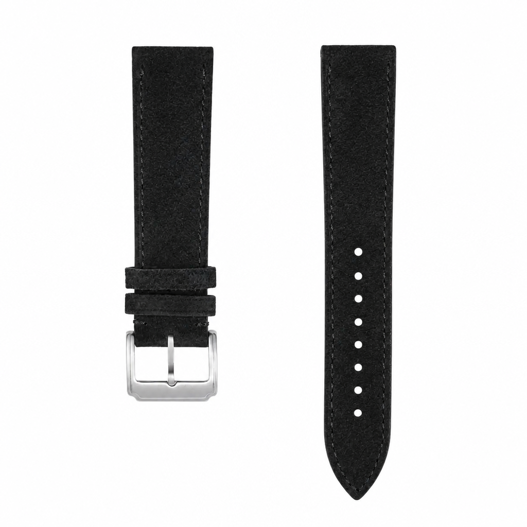 Black suede leather watch strap with silver buckle, 21mm lug width
