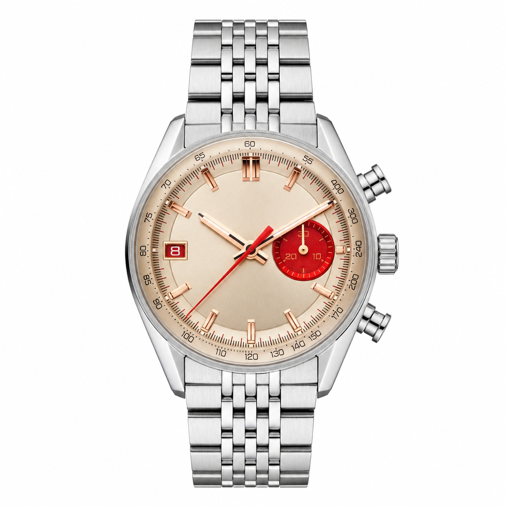 Chronograph wristwatch with silver metal bracelet and beige dial with red accent subdial on white background