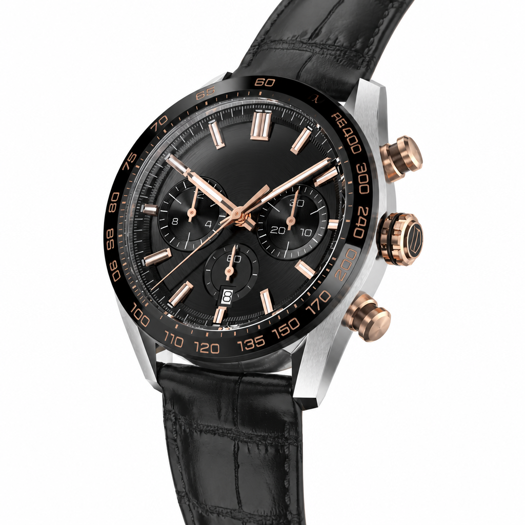 Chronograph watch with black dial, rose gold accents, and black leather strap on white background
