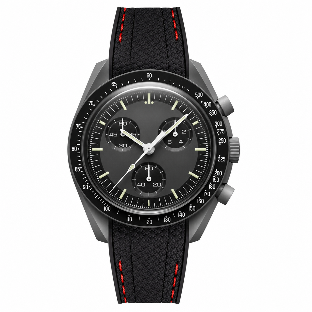 Chronograph watch with black dial and black rubber strap with red stitching detail