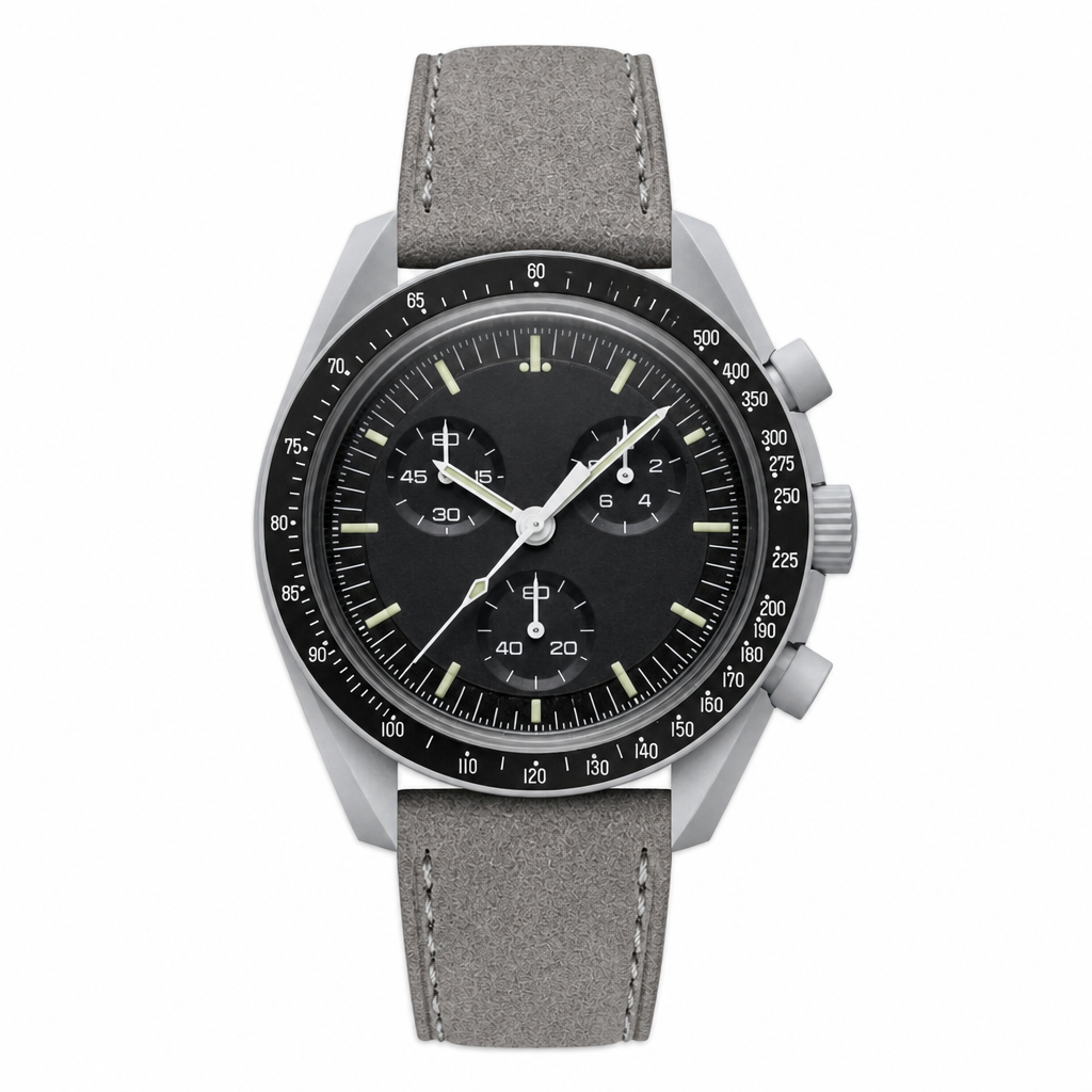 Chronograph watch with black dial and gray suede strap on white background