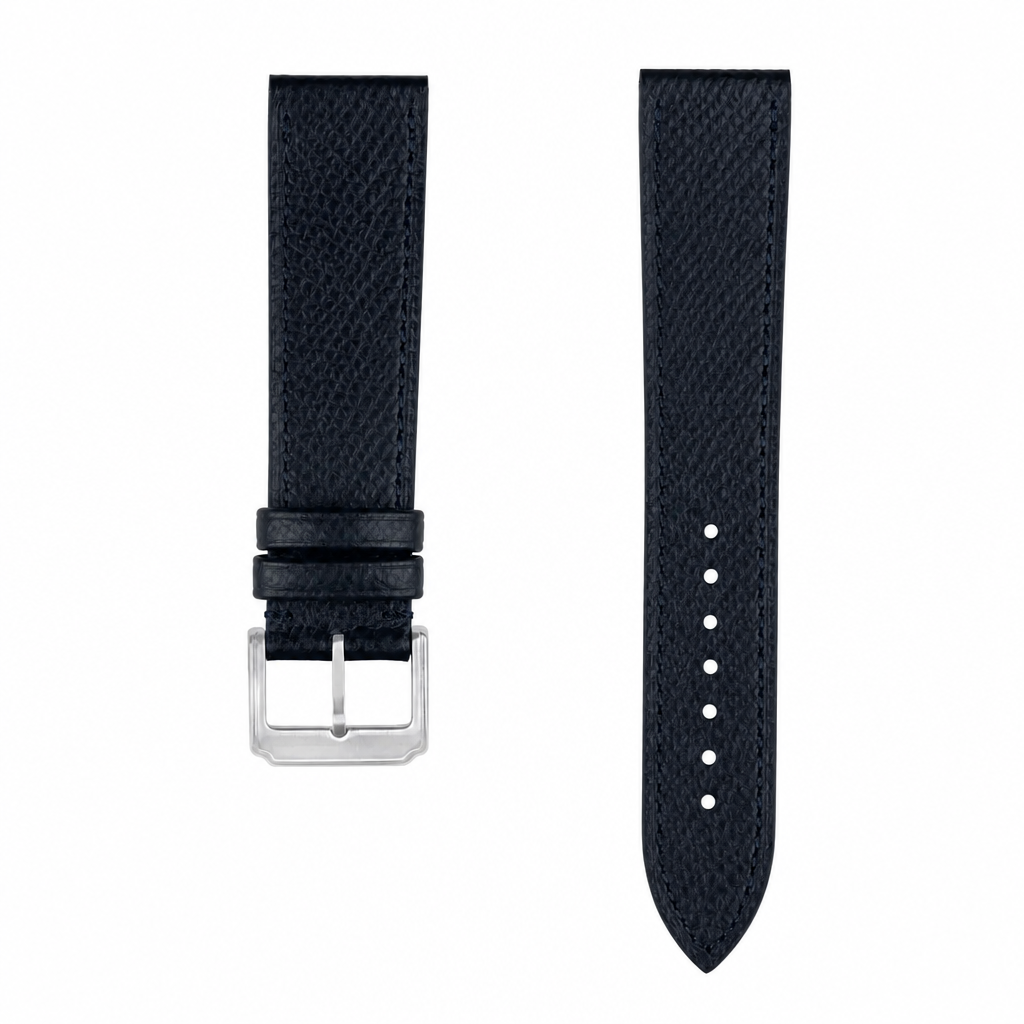 Black leather watch strap with stainless steel buckle, 20mm width