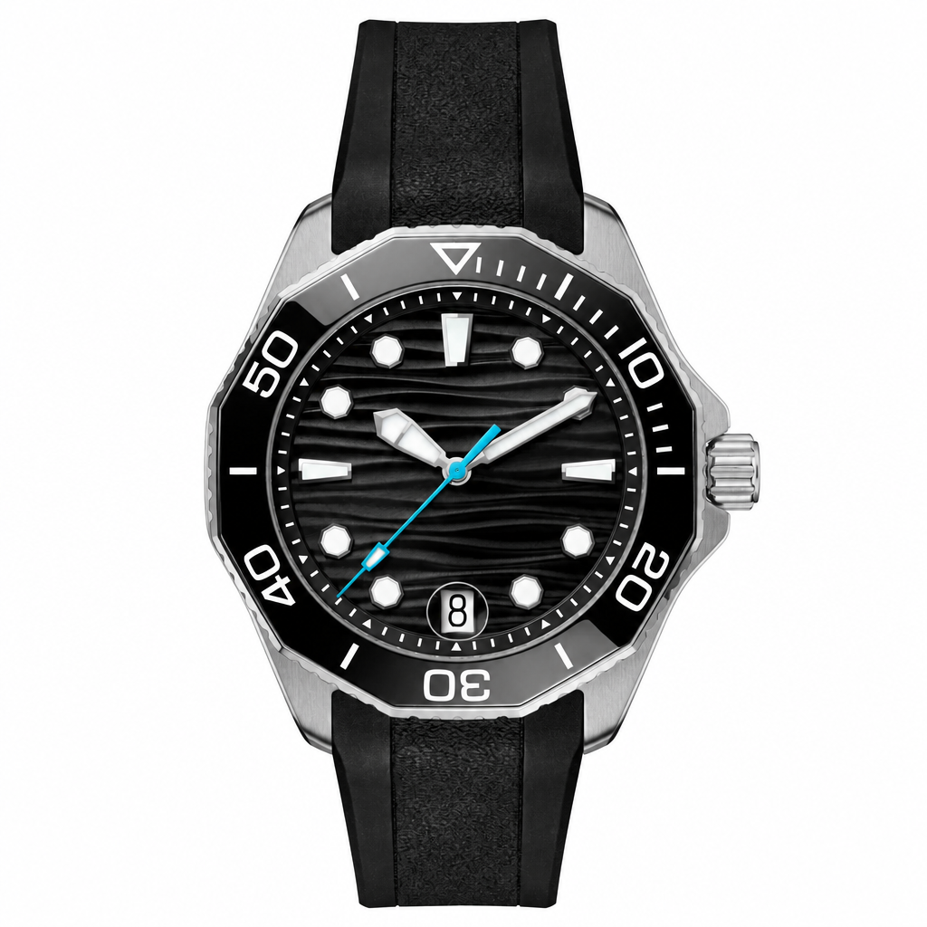 Sport watch with black dial, black rubber strap and silver-tone metal case on white background