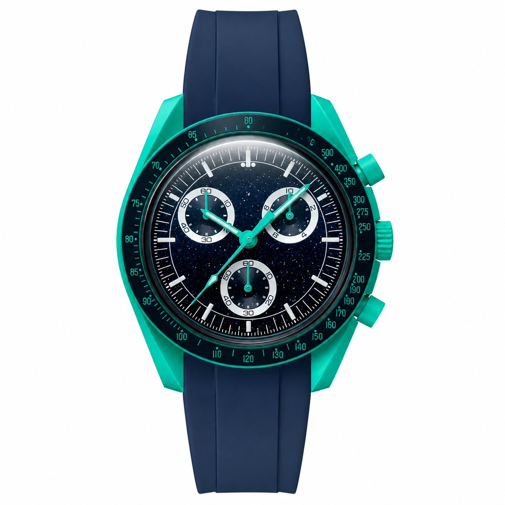 Sport chronograph watch with navy blue dial, turquoise case, and navy blue rubber strap on white background