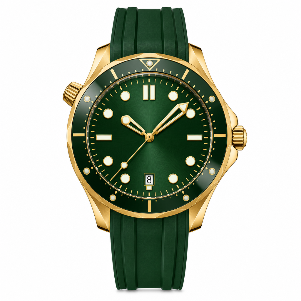 42mm green dial diver watch with gold-tone case and green rubber strap