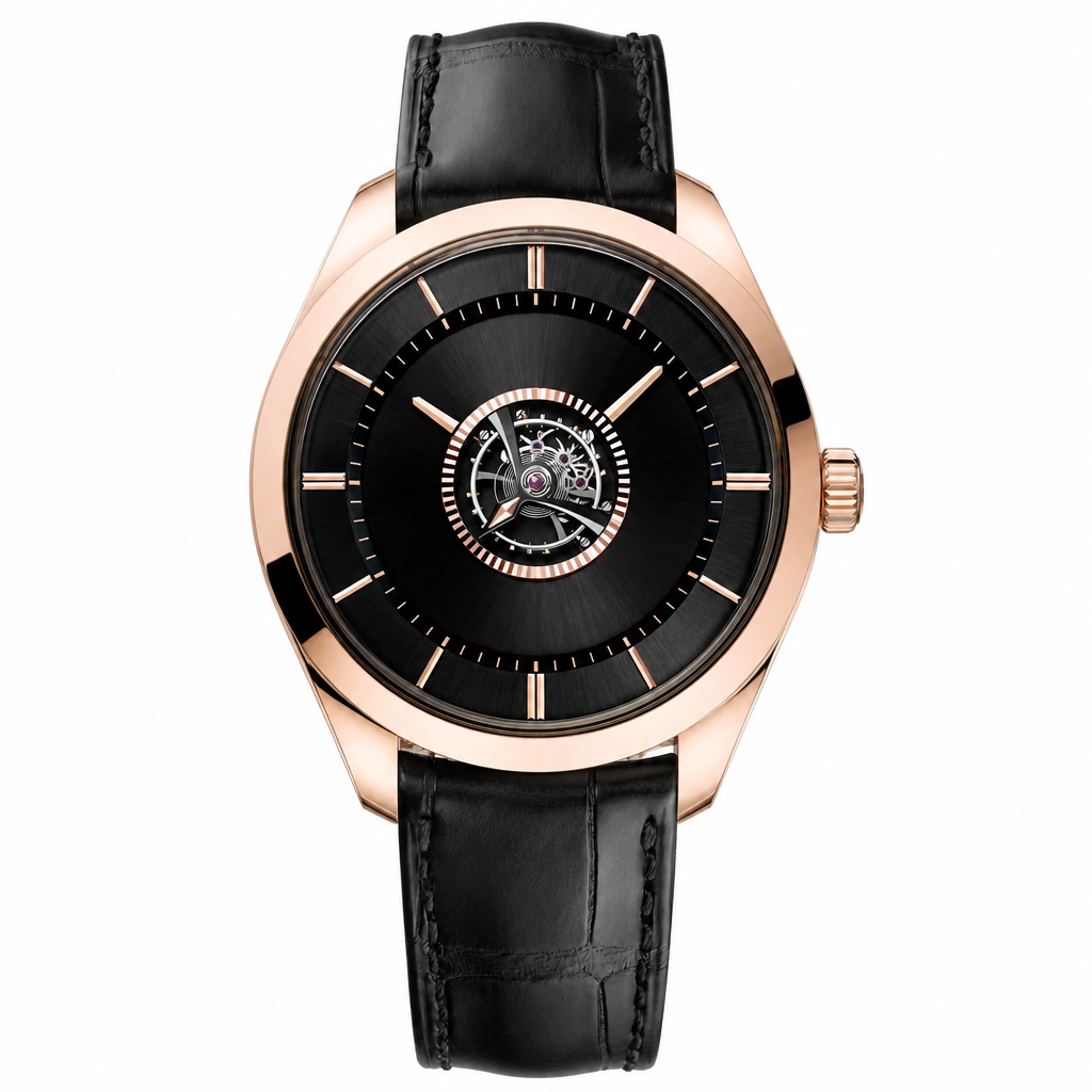 Rose gold tone dress watch with black dial and black leather strap product photo