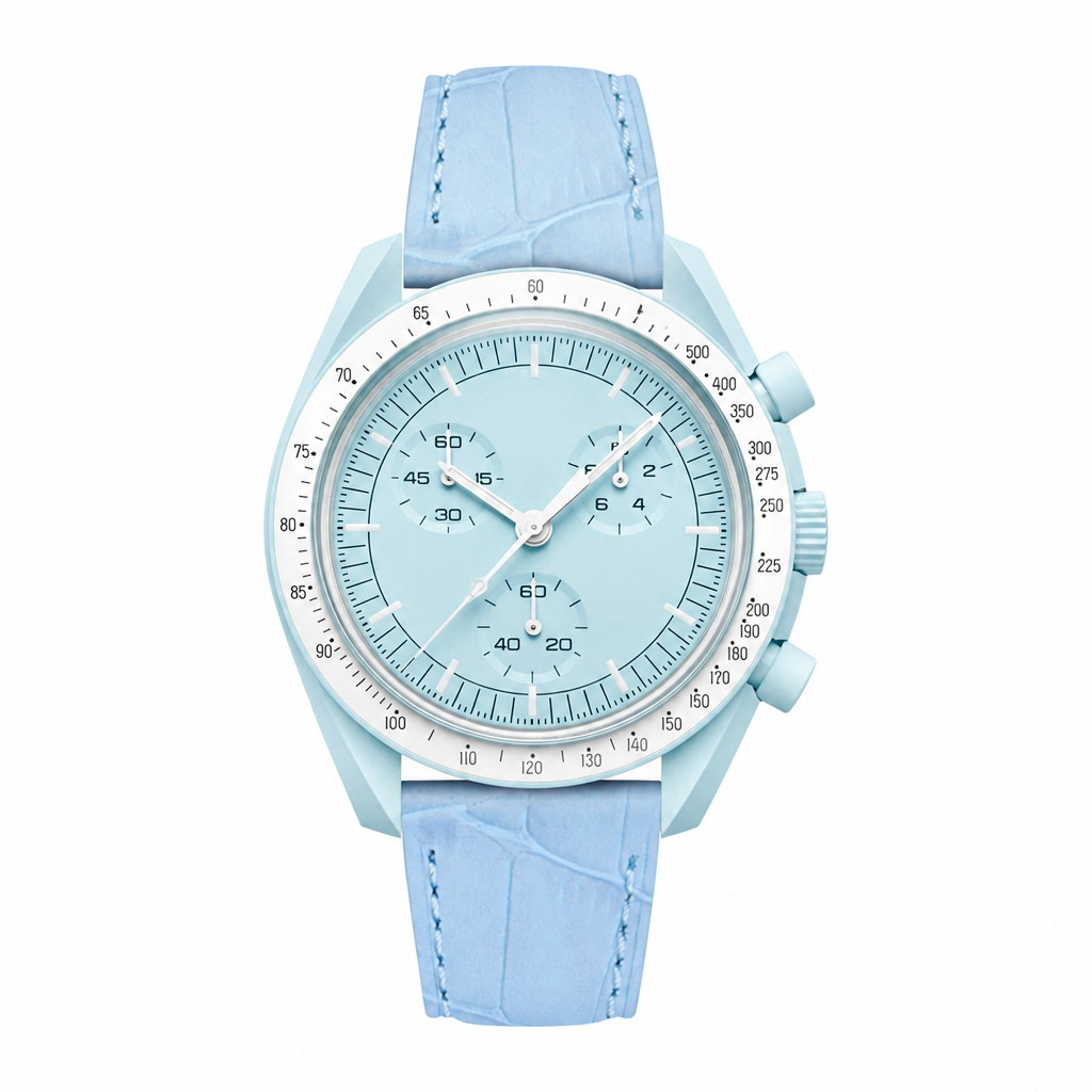 Light Blue Chronograph Watch with Leather Strap on white background
