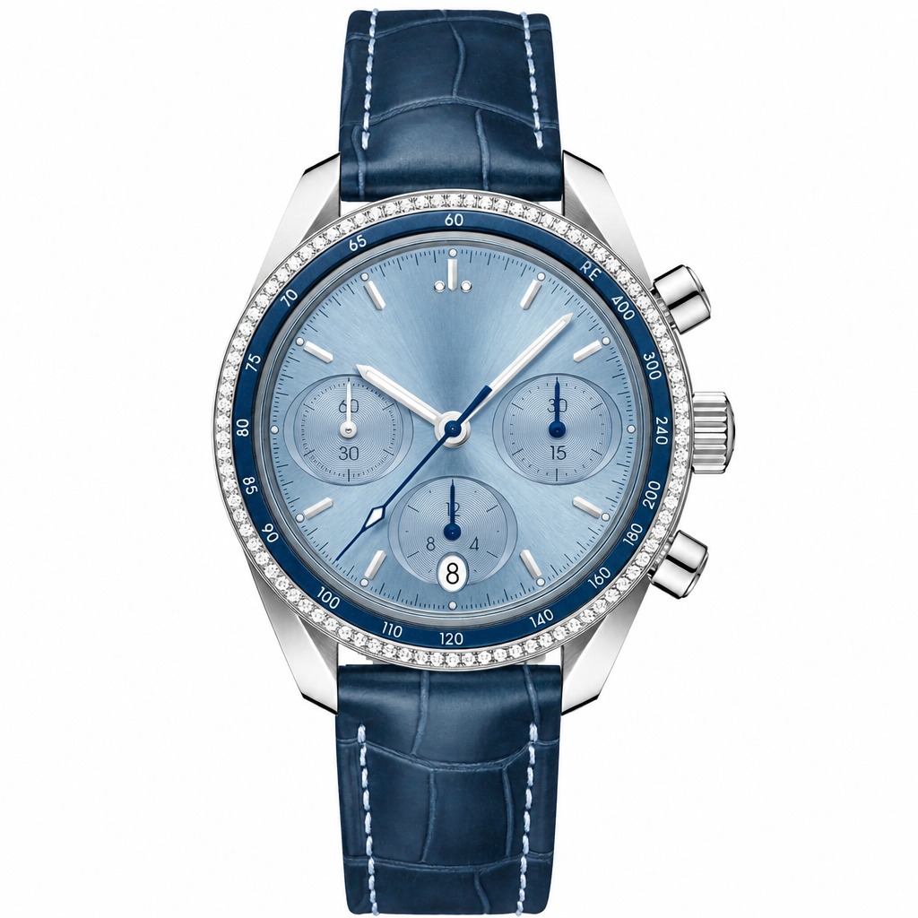 Chronograph watch with light blue dial and blue leather strap 38mm