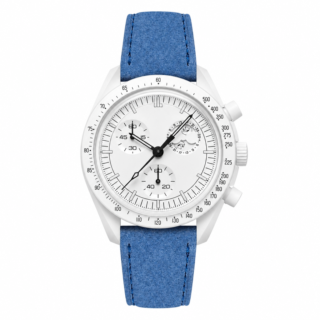 Casual watch with a white dial and blue suede strap on a white background