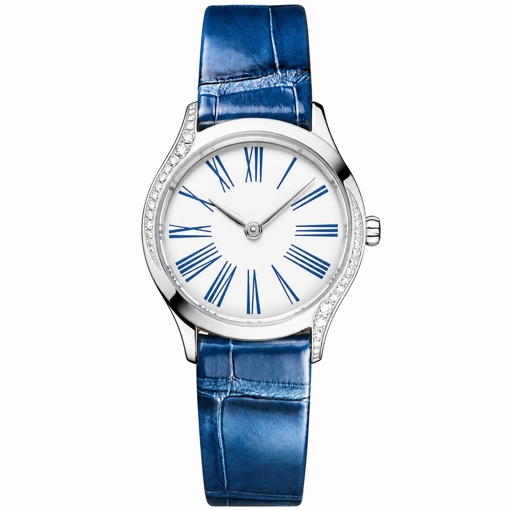 Women's elegant dress watch with white dial, blue Roman numerals, blue leather strap, and silver case