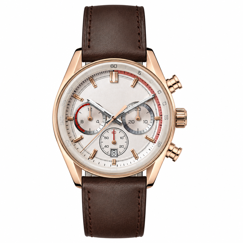Chronograph watch with rose gold case, white dial, and brown leather strap
