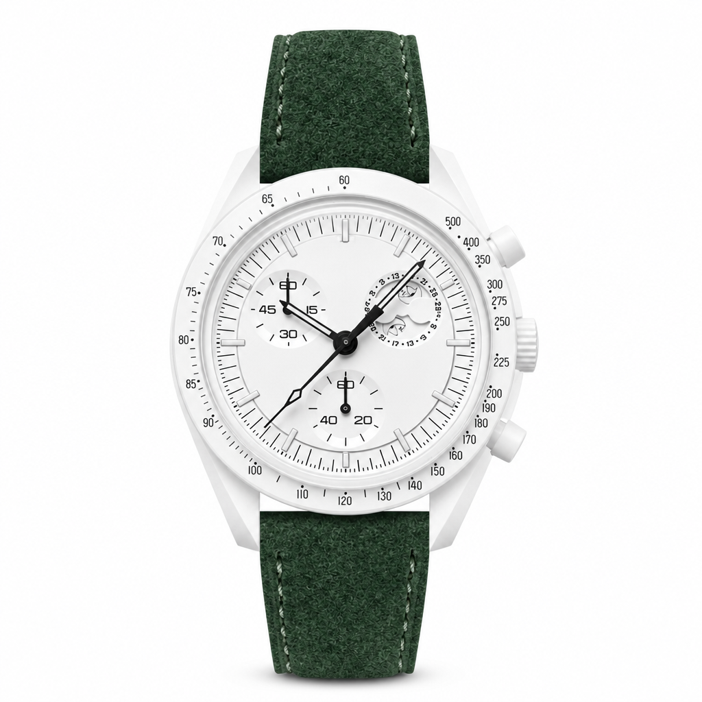 Chronograph watch with white dial and dark green suede strap