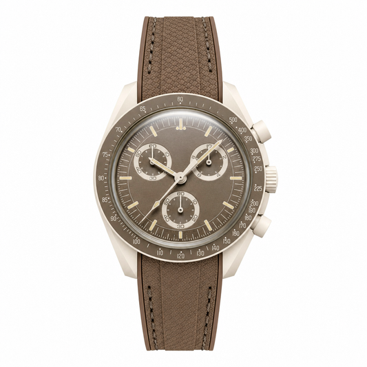 Brown rubber strap chronograph watch with brown dial and off-white case