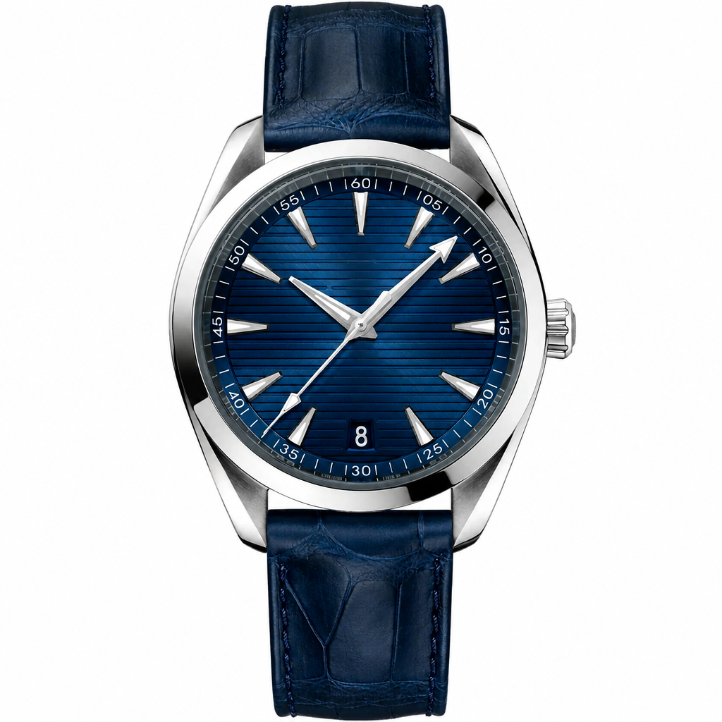 Dress watch with blue dial, silver case, and blue leather strap on white background
