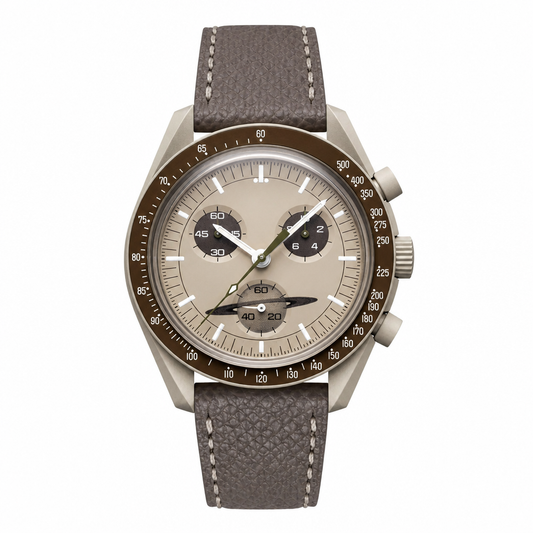 Chronograph watch with beige dial and gray leather strap on white background
