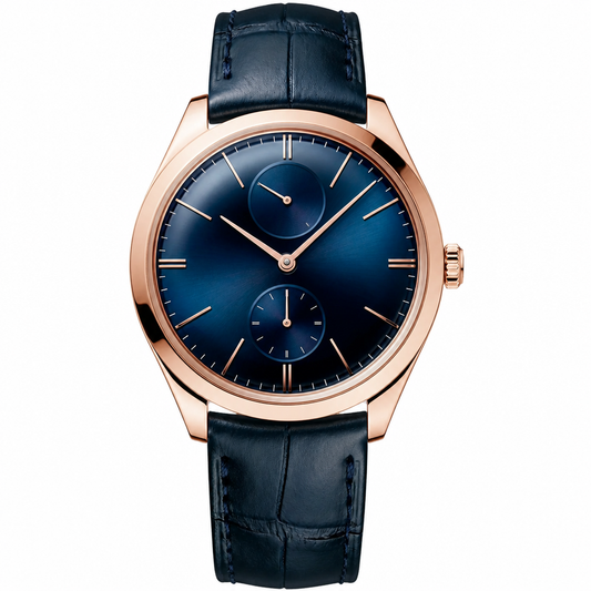 Rose gold tone dress watch with blue dial and leather strap 40mm