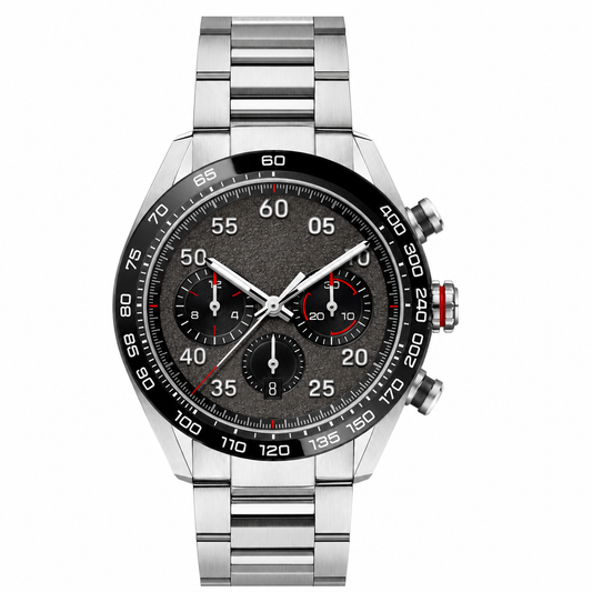 Chronograph watch with dark gray dial and stainless steel bracelet on white background