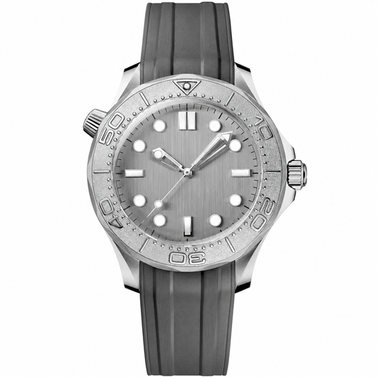 Diver style watch with gray dial, silver bezel, and gray rubber strap