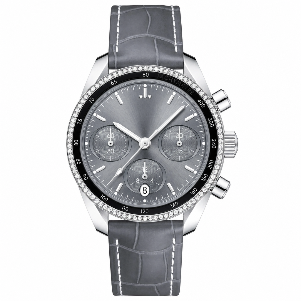 Gray dial watch with silver case and gray leather strap 38mm