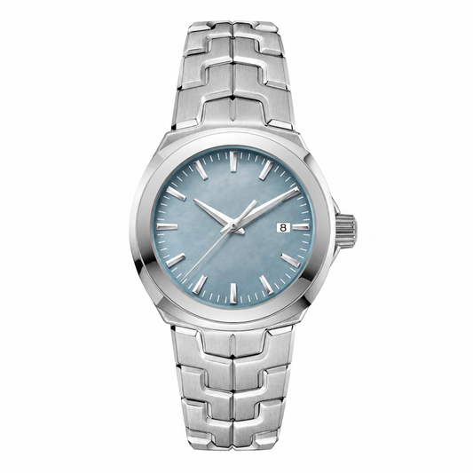 Metal dress watch with light blue dial and silver metal strap on white background