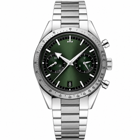 Chronograph watch with green dial and stainless steel bracelet