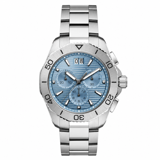 Chronograph sport watch with light blue dial, silver-tone stainless steel bracelet and case, displayed on white background