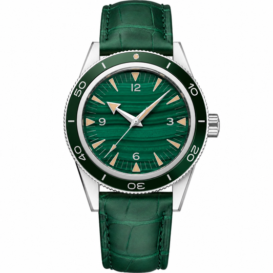 Dress watch with green dial and green leather strap, 41mm case size.