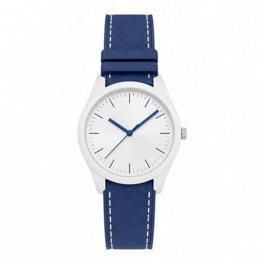 White dial watch with blue rubber strap and silver metal case