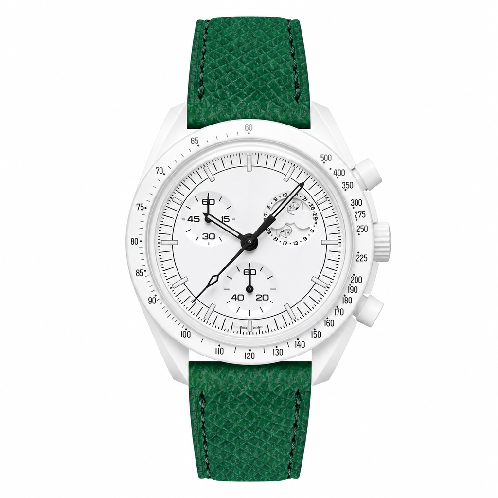 Chronograph watch with white case and green leather strap