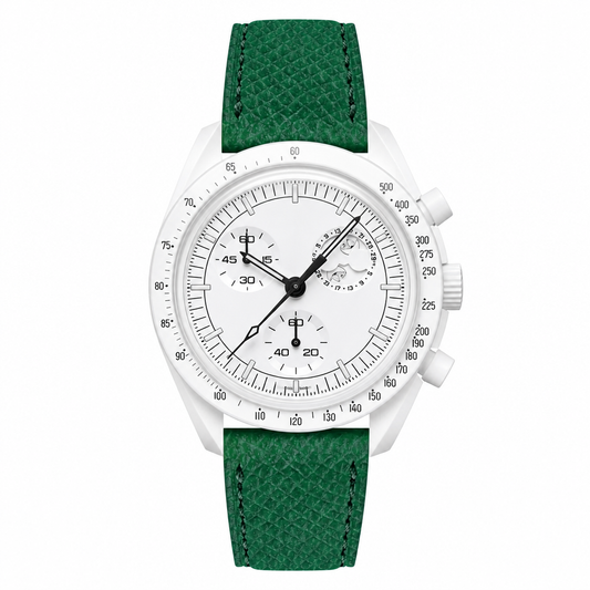 Chronograph watch with white case and green leather strap