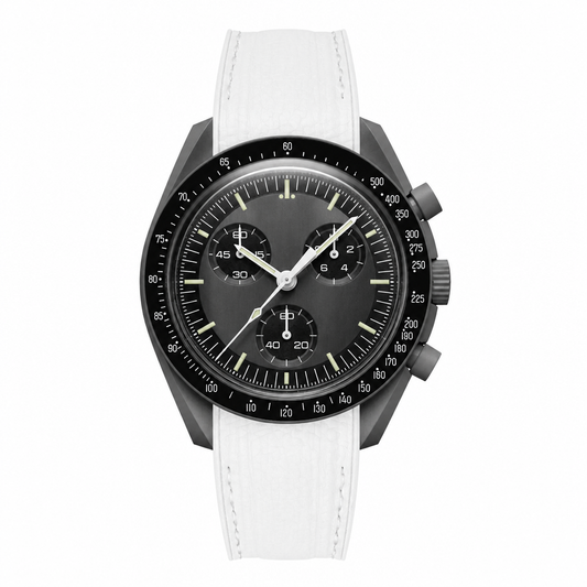 Chronograph watch with black dial and white leather strap on white background