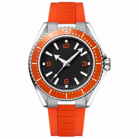 Sport watch with orange rubber strap and black dial, 42mm case