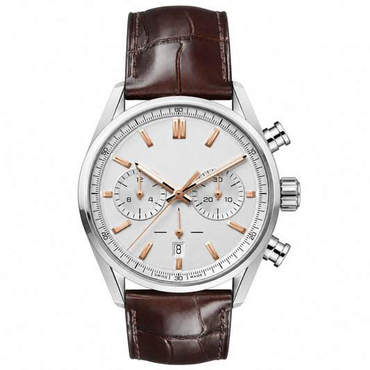 Chronograph wristwatch with silver case and brown leather strap on white background