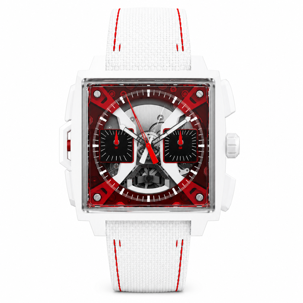 Square white case chronograph watch with red and black dial and white textile strap with red stitching