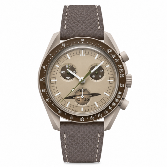 Chronograph wristwatch with beige dial, taupe textured leather strap, and light matte metal case on white background