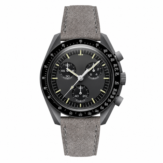 Gray chronograph watch with gray suede leather strap on white background