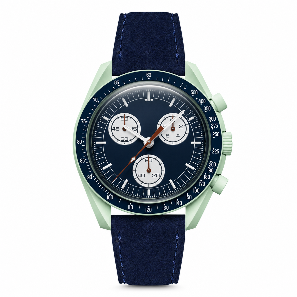 Chronograph watch with blue dial, dark blue suede strap, and light pastel green case on white background