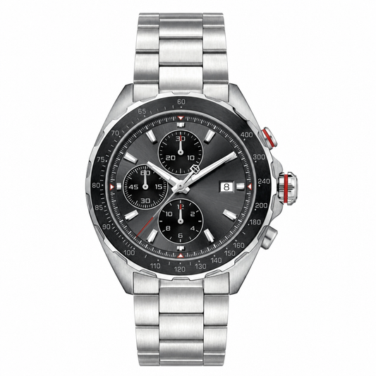 Chronograph sports watch with black dial and silver metal bracelet on white background