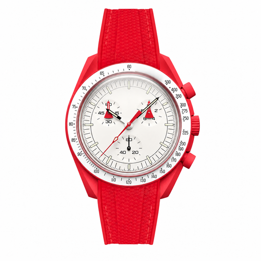 Red chronograph watch with white dial and red rubber strap on white background